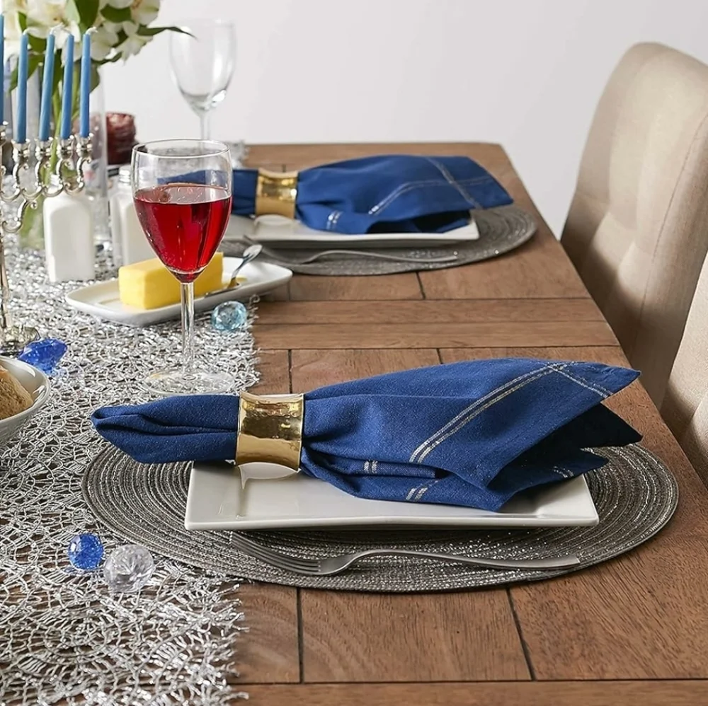 DII Hanukkah Collection 6 Piece Napkin Set Blue with Silver & Gold Trim